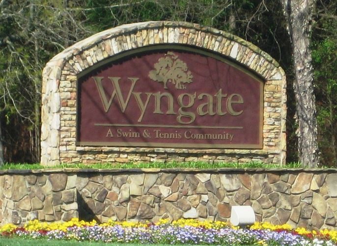 Wyngate community entrance sign in Woodstock GA near Towne Lake