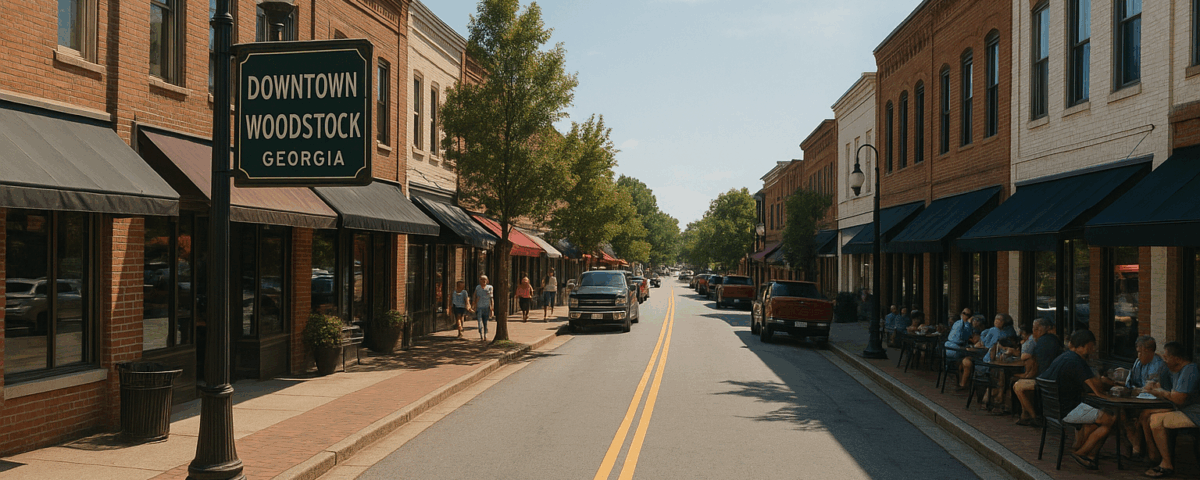 Downtown Woodstock Georgia street view with brick buildings, sidewalk cafes, trees, and people enjoying a sunny day