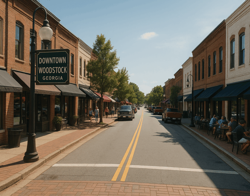 Downtown Woodstock Georgia street view with brick buildings, sidewalk cafes, trees, and people enjoying a sunny day