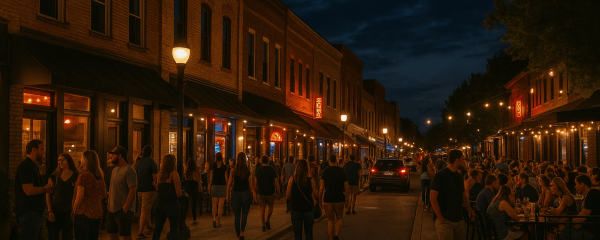 Downtown Woodstock GA nightlife on Main Street with bars and crowds