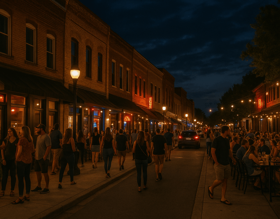 Downtown Woodstock GA nightlife on Main Street with bars and crowds