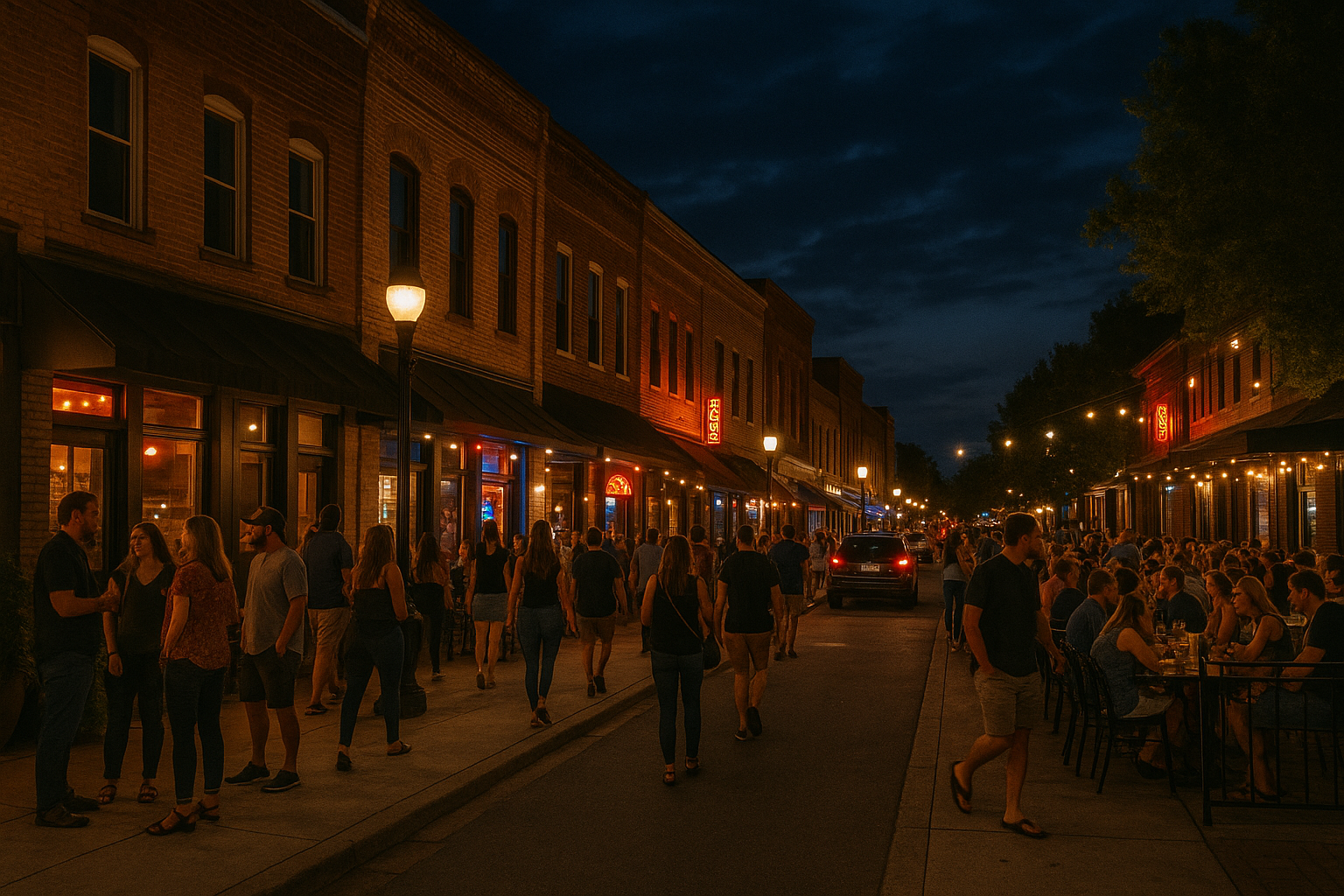 Downtown Woodstock GA nightlife on Main Street with bars and crowds