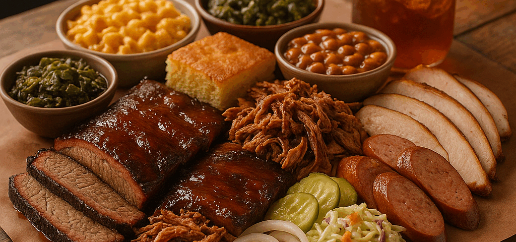 Smoked brisket, glazed ribs, pulled pork, sliced sausage, and classic Southern sides on a rustic table at a Woodstock, GA BBQ spot.