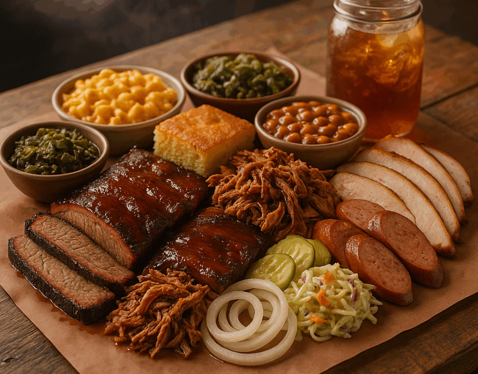 Smoked brisket, glazed ribs, pulled pork, sliced sausage, and classic Southern sides on a rustic table at a Woodstock, GA BBQ spot.
