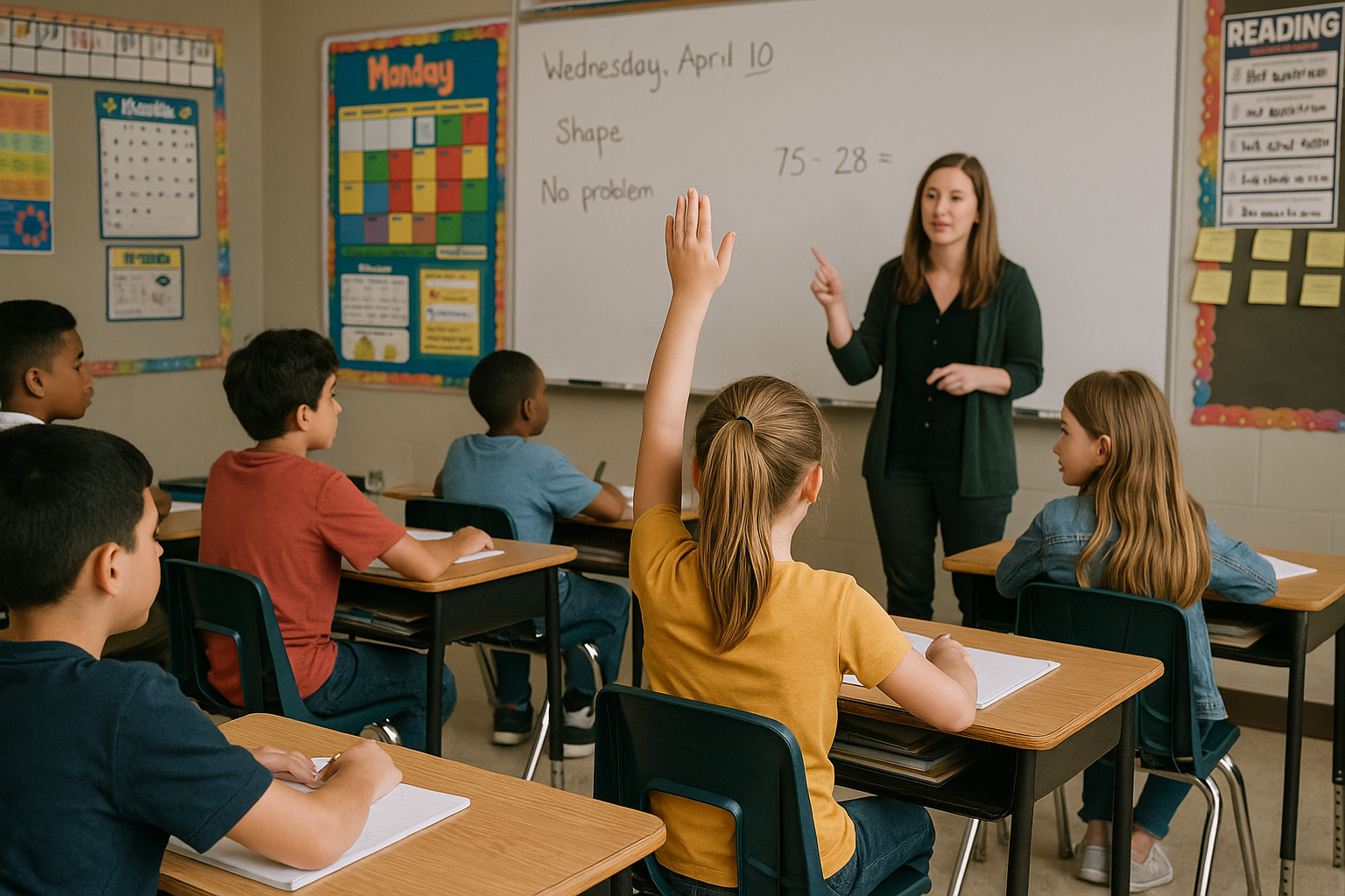 Elementary students engaged in a classroom lesson in Woodstock, Georgia, with a teacher leading instruction at the front of the room.