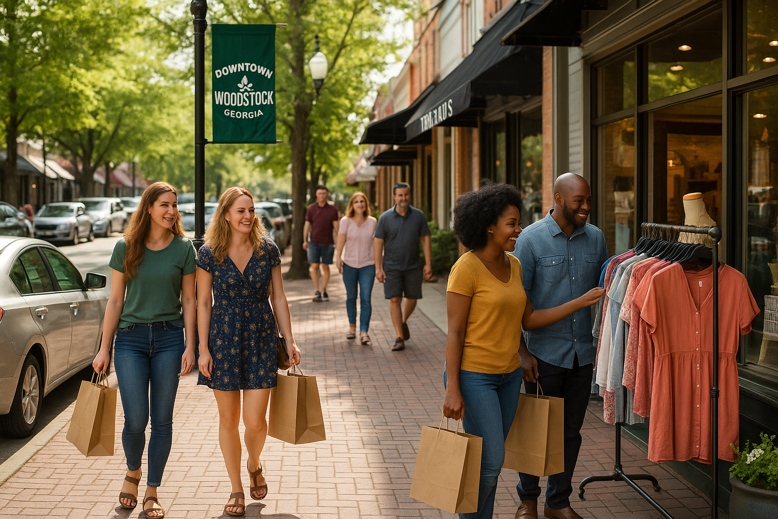 People shopping and walking along Main Street in downtown Woodstock, Georgia, surrounded by boutiques, greenery, and small-town charm.